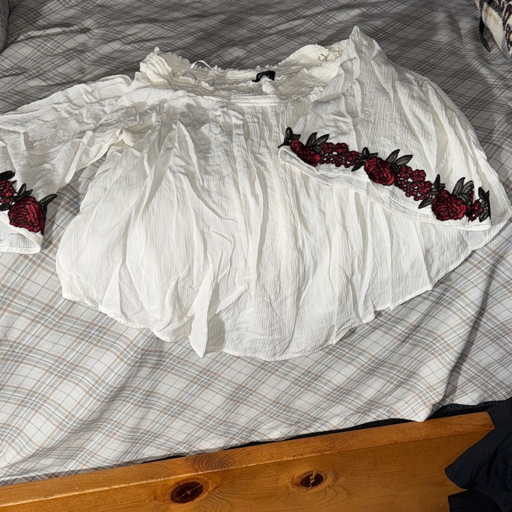 Ambiance White Off-Shoulder Blouse with Red Rose Embroidery